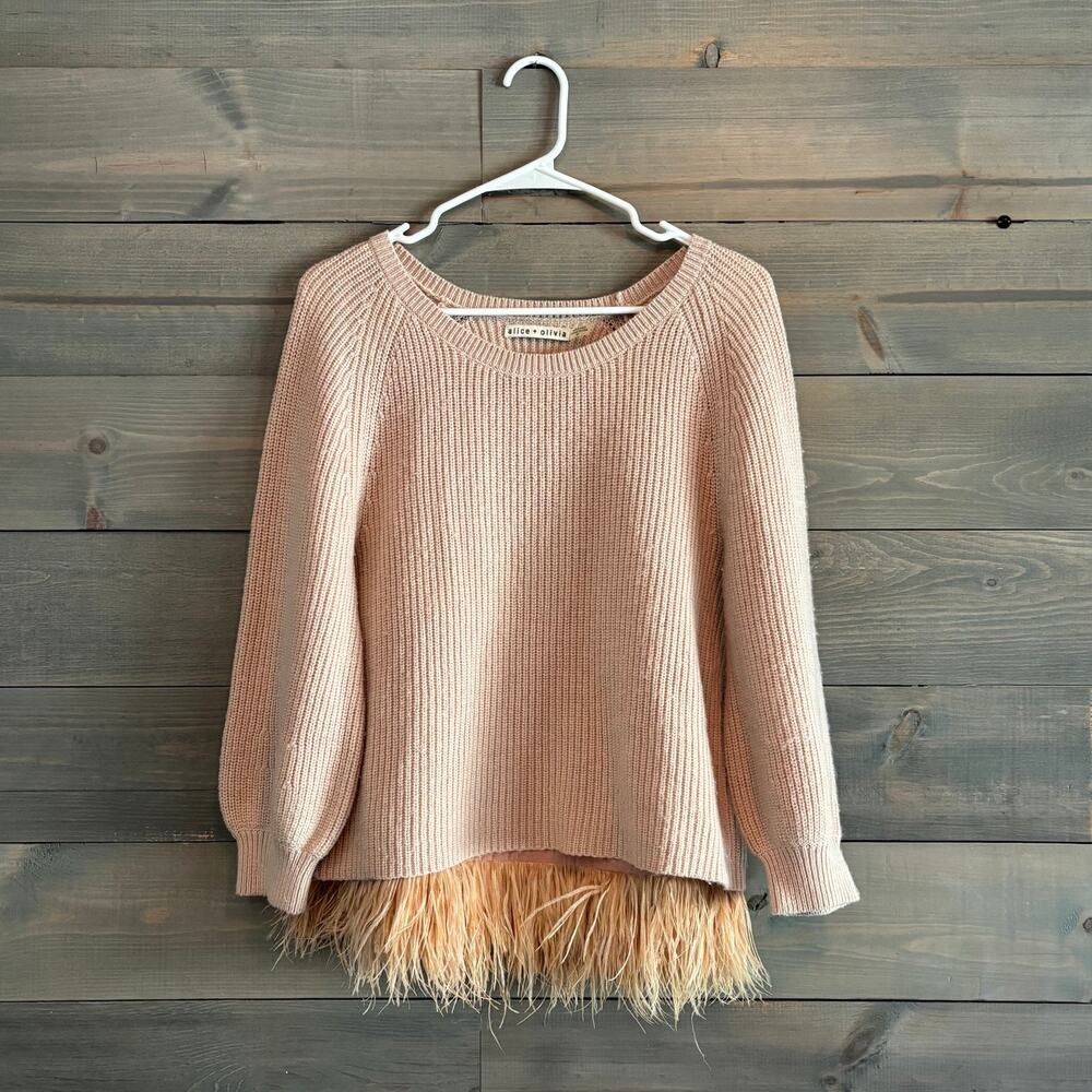 ALICE + OLIVIA | Edie Feather Hem Sweater Blush Wool Balloon Sleeve Crewneck S